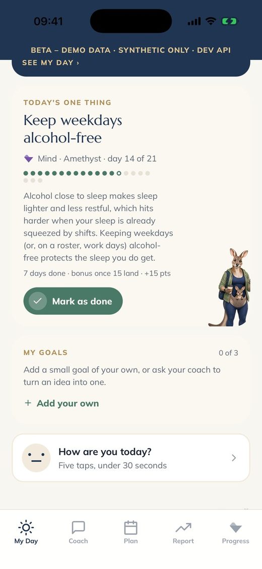 AnaVitalis Today screen: one small habit for the day